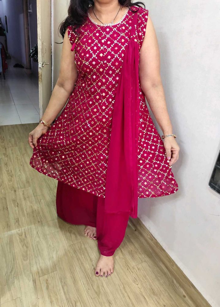 Pink Mirror Work Plazzo Kurta Set