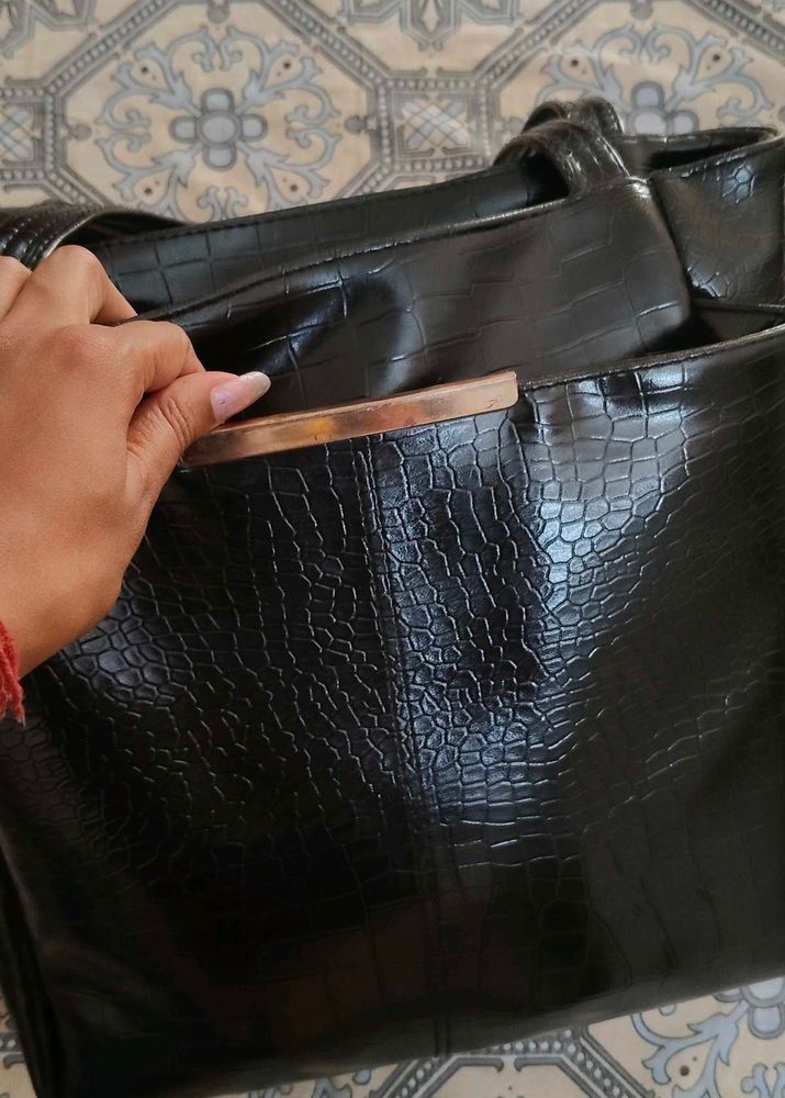 Black Croc-Embossed Tote Bag