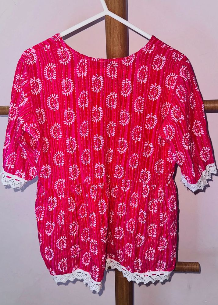 Pink Printed Top with Lace Trim