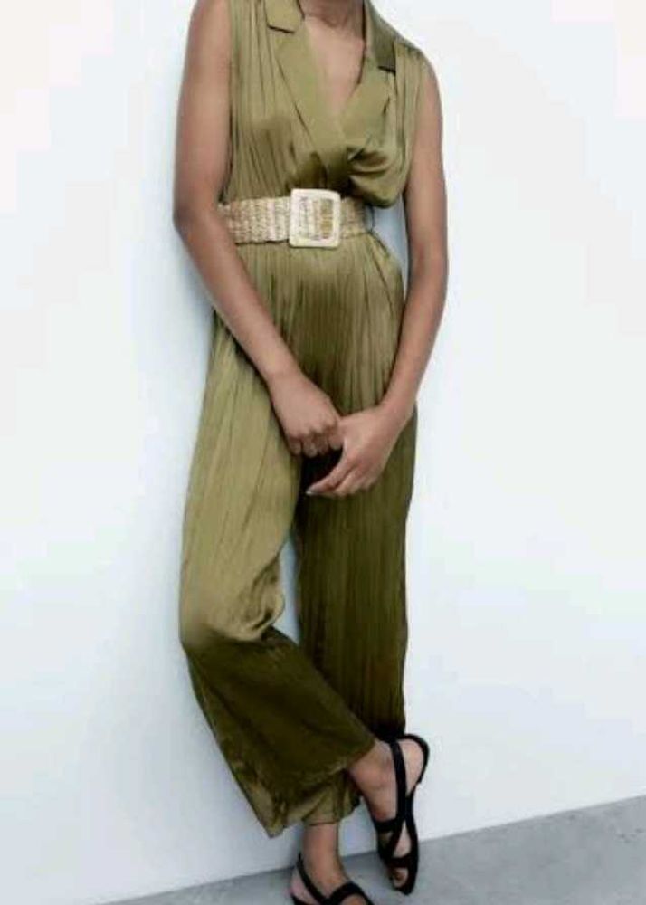 Zara Olive Pleated Sat in Jumpsuit