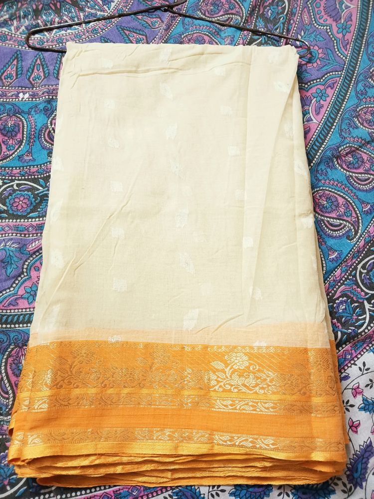 Orange Border Cream Colour Saree