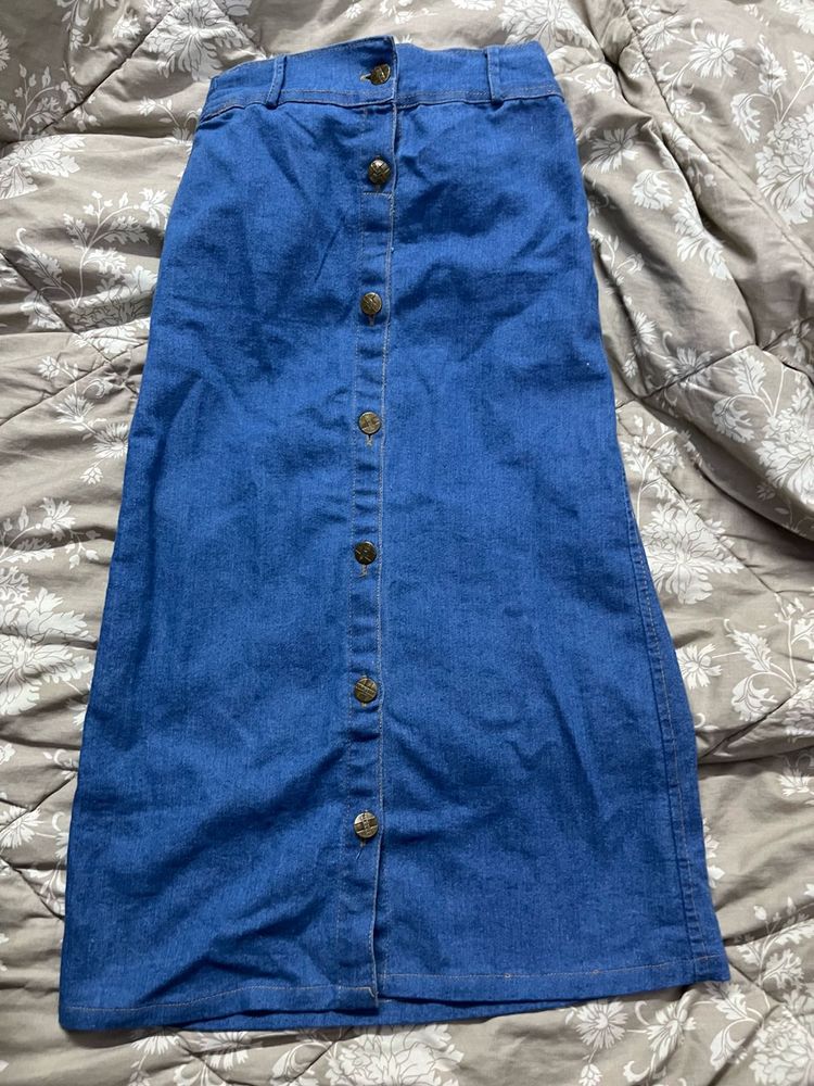 Long Blue Denim Skirt