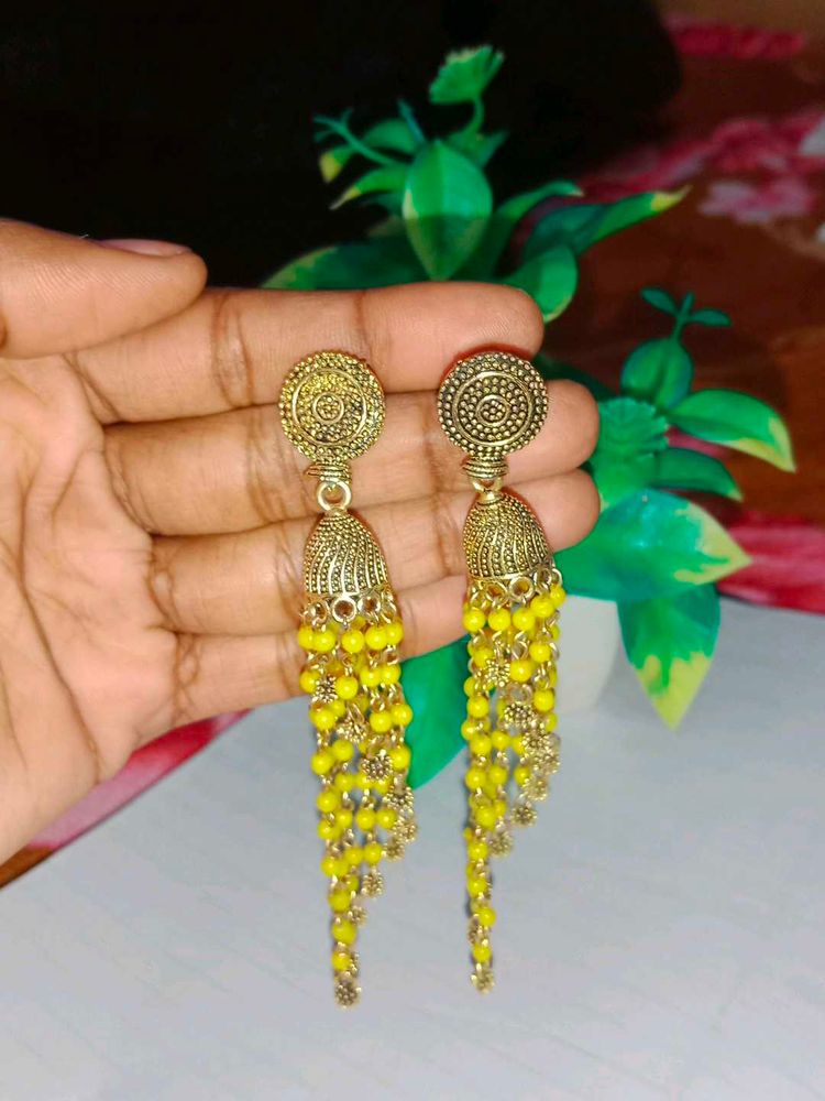 Yellow Beaded Jhumka Earrings