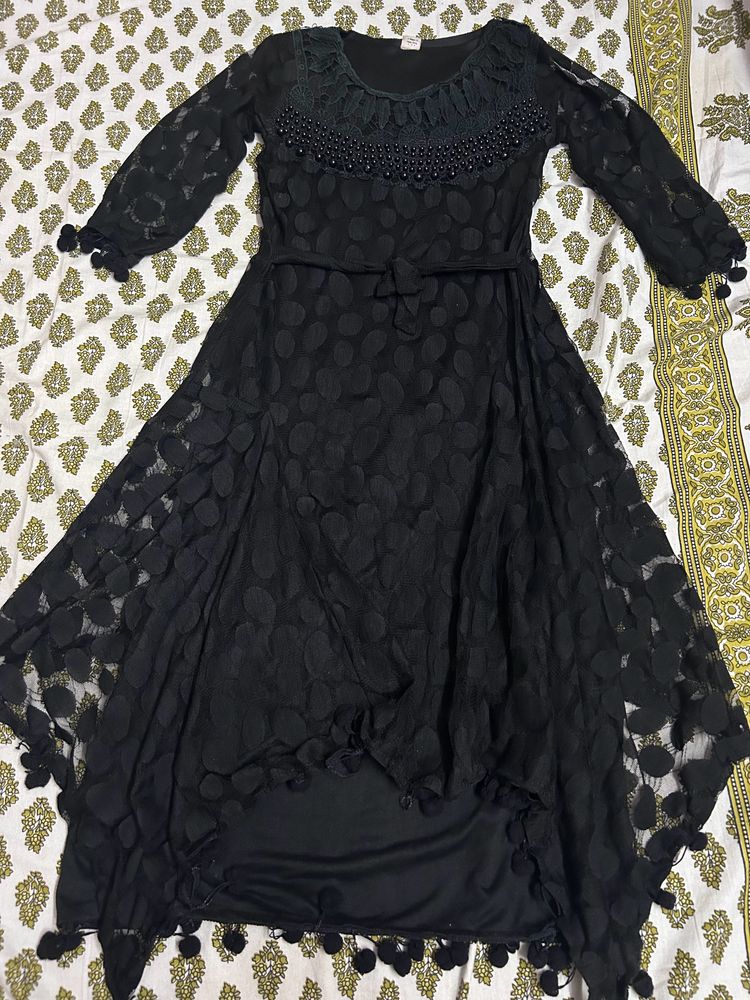 Black Partywear Net Dress With Pompoms