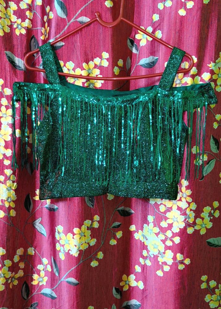 Shimmery Crop Top Lehenga With Dupatta Set 💚