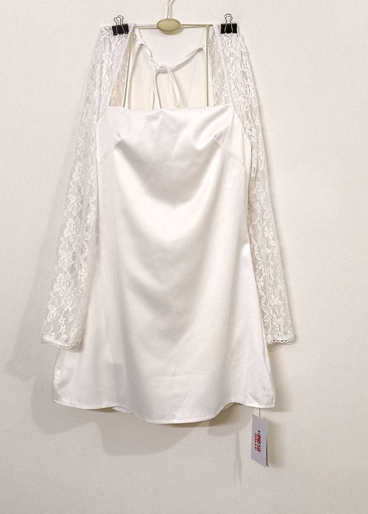 White Satin Dress With Lace Sleeves