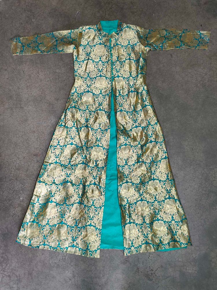&#34;Women’s Golden Brocade Silk Long Ethnic Jacket