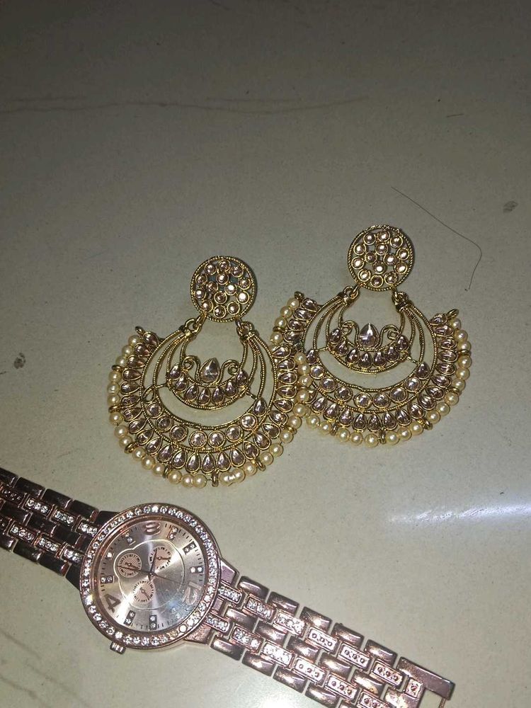 Golden Earrings With New 9gem Watch
