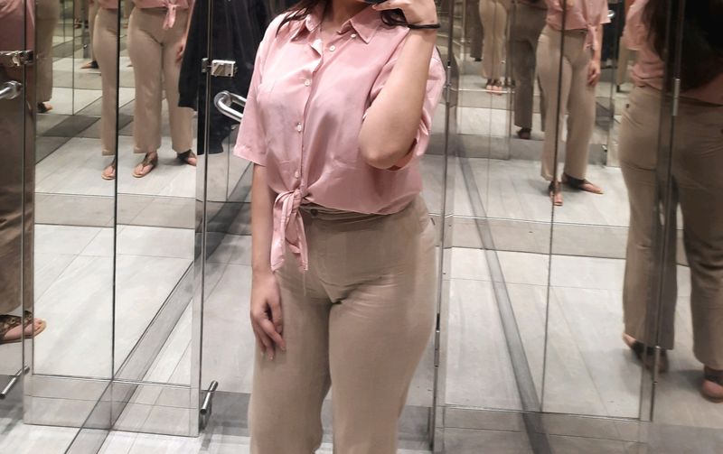Beautiful Shiny Baby Pink Knot Shirt. Adjustable
