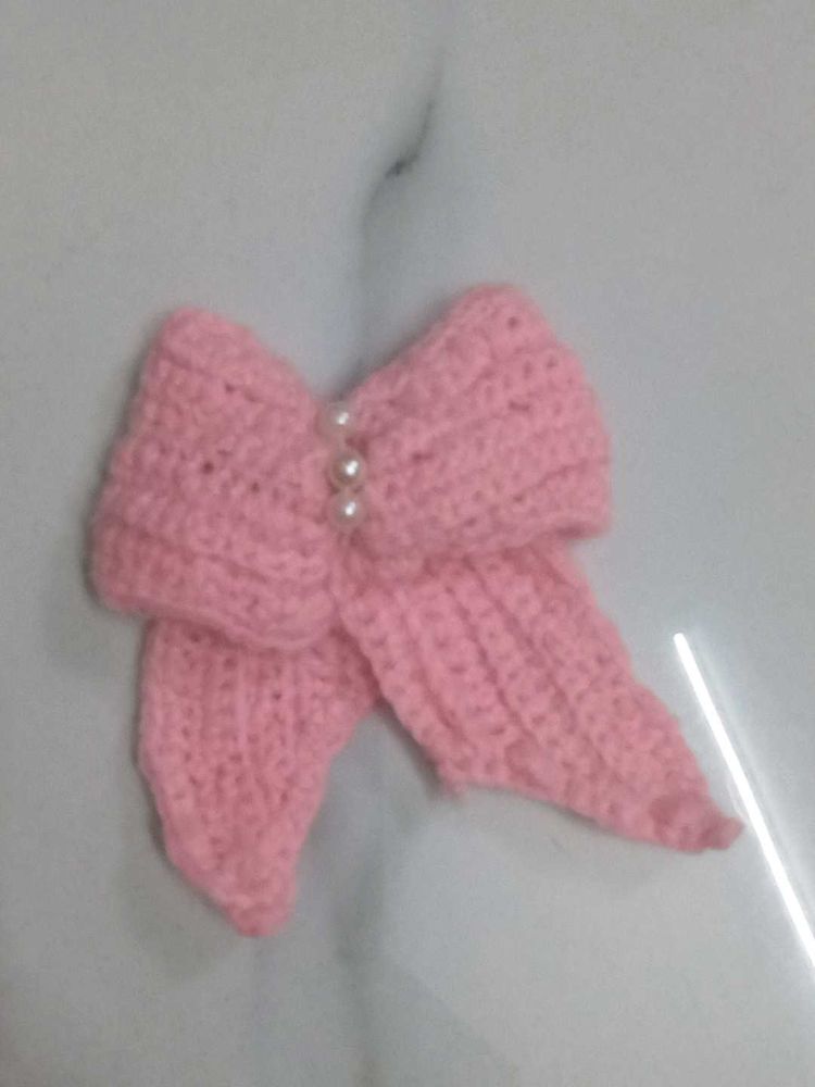 Pink Crochet Bow Hair Tie