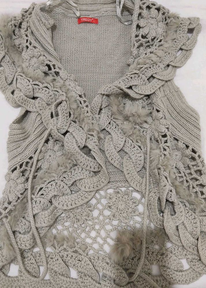 Tredy Crochet Knit Vest with Faux Fur