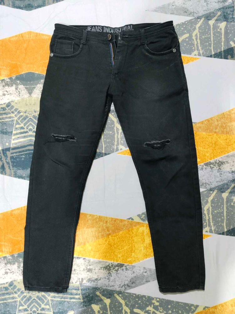 Men&#39;s Black Cotton Jeans (Ripped Pattern)