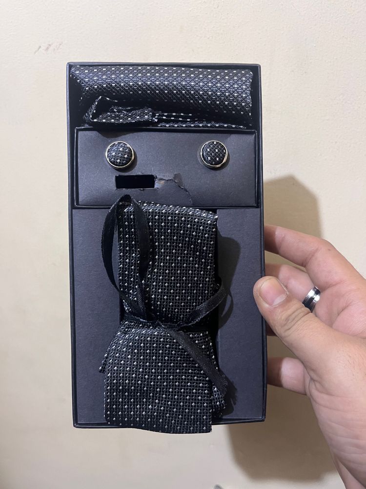 Set Of Black Dotted Tie | Pocket Square | Cufflink