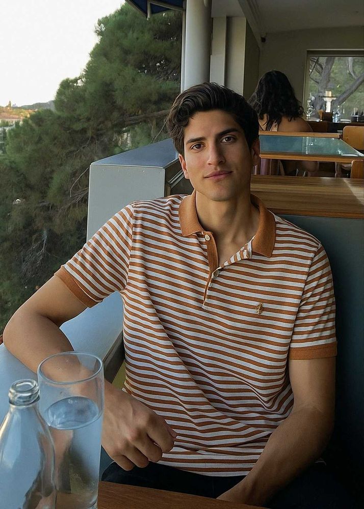 (Size~XL)Brown and white striped polo t-shirt🍋‍🟩