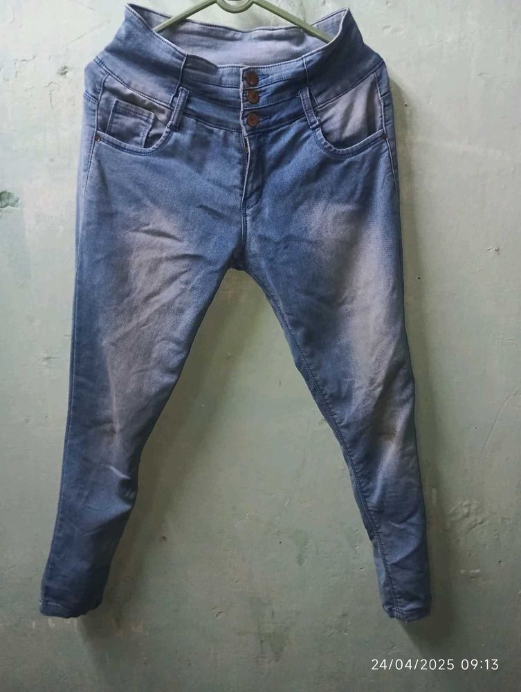 ICE BLUE COLOUR HIGH&#39; WAIT SKINNY JEANS