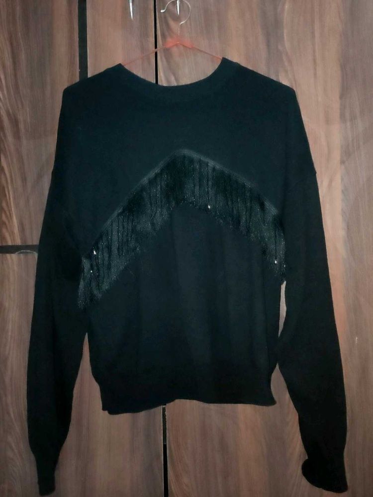 Fringe Detail Black Sweater