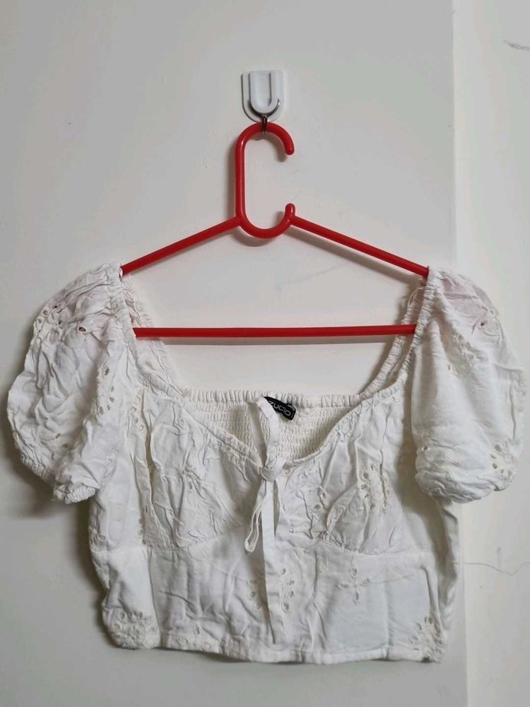 White Eyelet Puff Sleeve Crop Top
