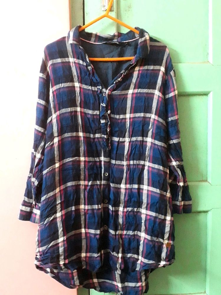 Full Sleeve Rayon Chequered Tshirt With Pretty Frills In The Button Area