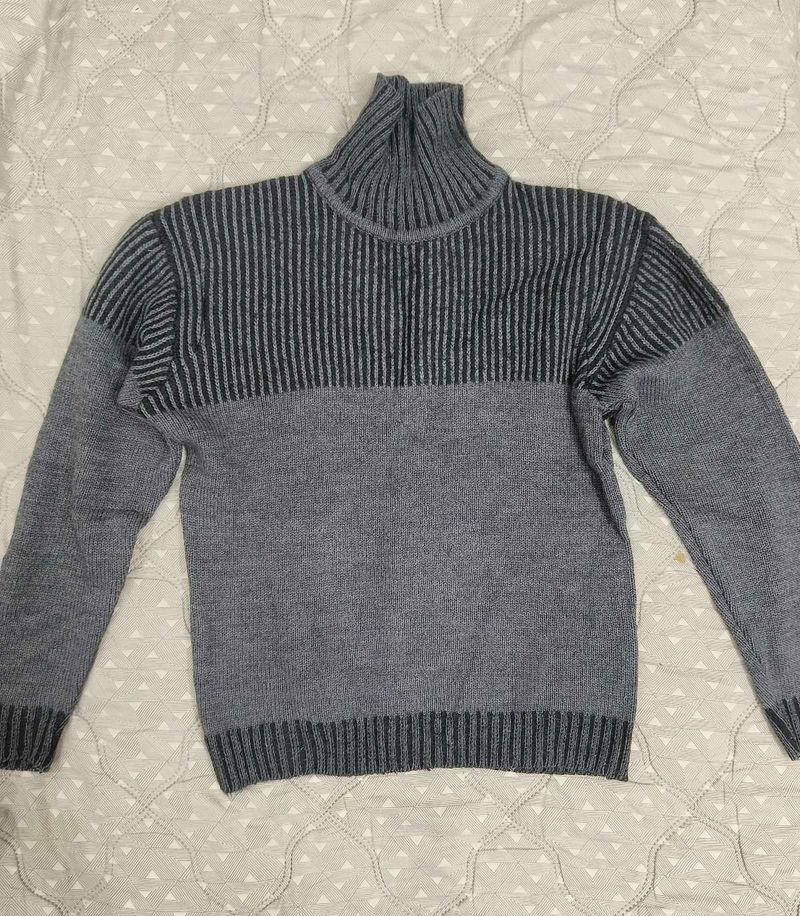 Gray Striped Turtleneck Sweater For Men