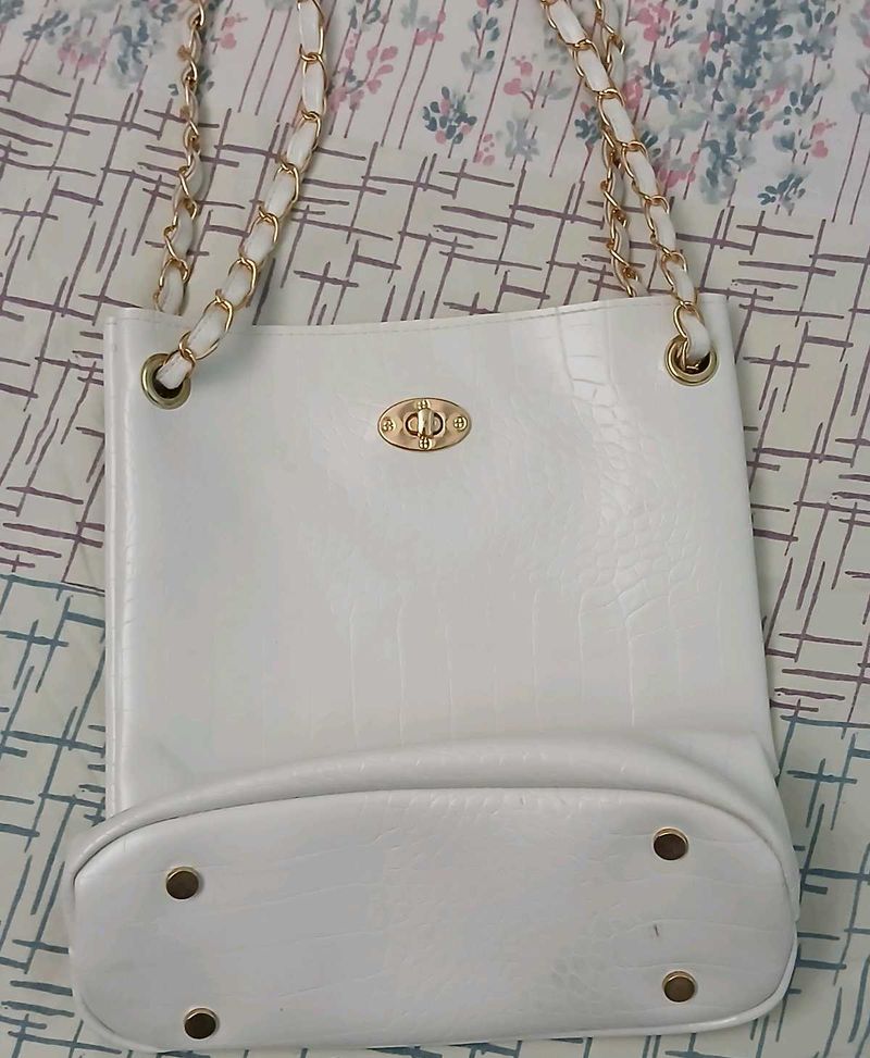 White Tote Bag with Gold Chain