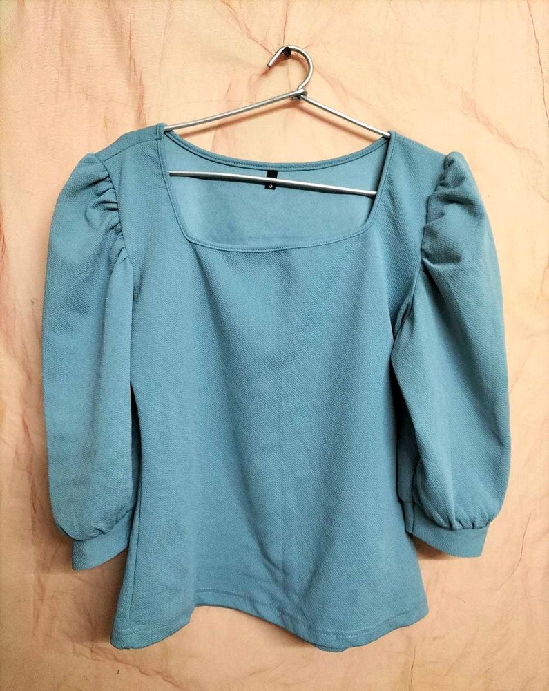 Blue Square Neck Puff Sleeve Top