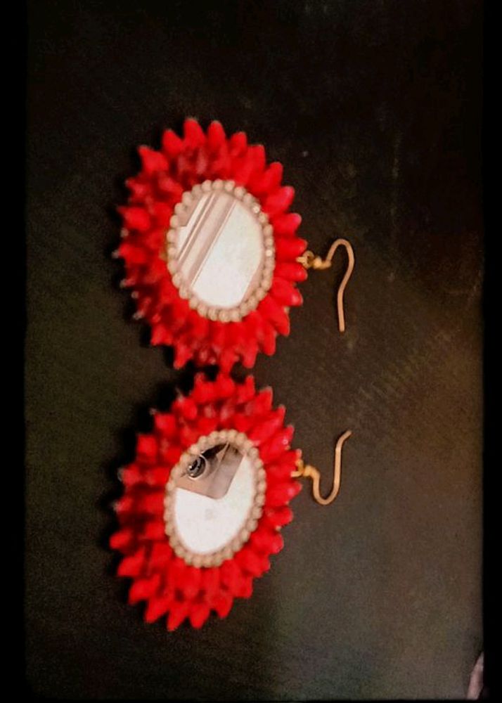 Red stone Mirror Work Earring