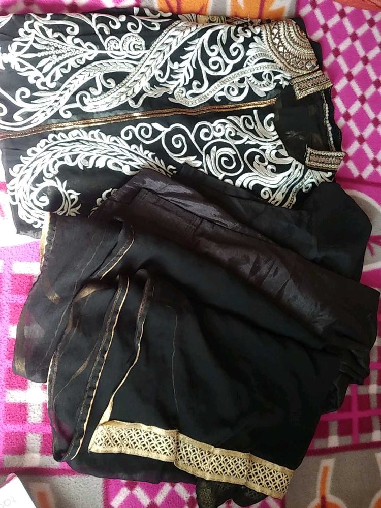 Elegant Black Embroidered Fabric For Party Wear 😊