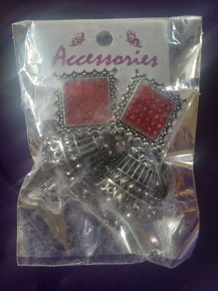 Red &amp; Silver Jhumka Earrings