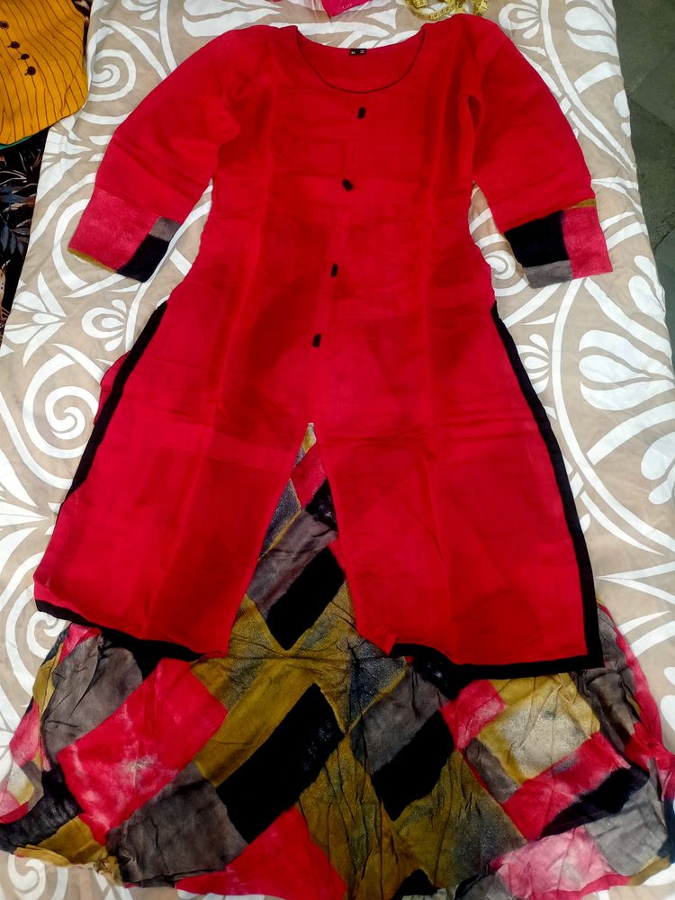Red Kurta Set With Joint Skirt For Women