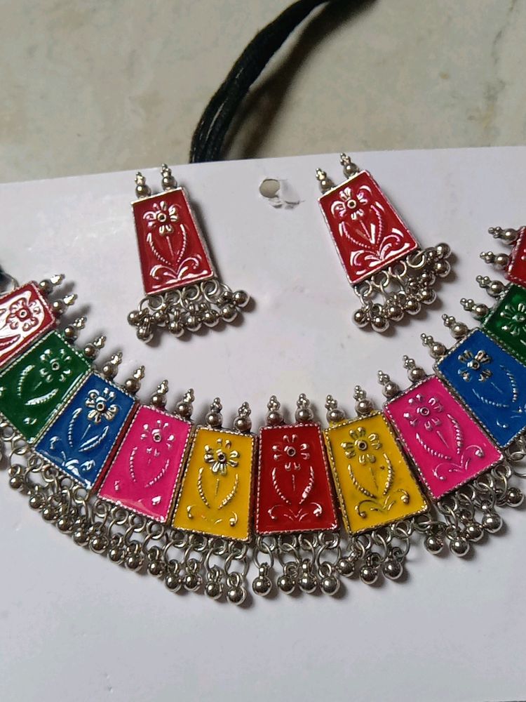 Colorful Enamel Necklace &amp; Earring Set