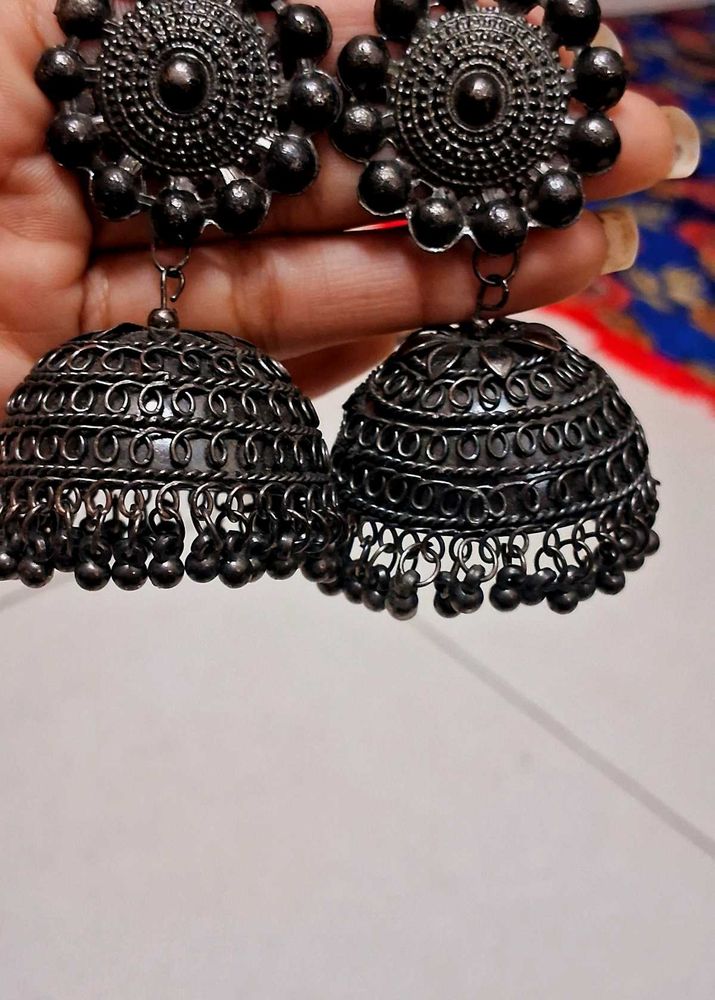 Oxidized Silver Jhumka Earrings