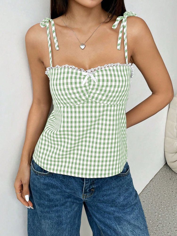 Green Gingham Tie Strap Cami🎀