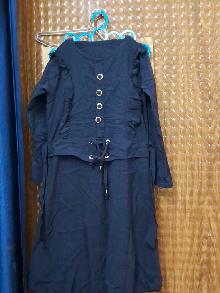 Navy Blue Dress with Lace-Up Detail