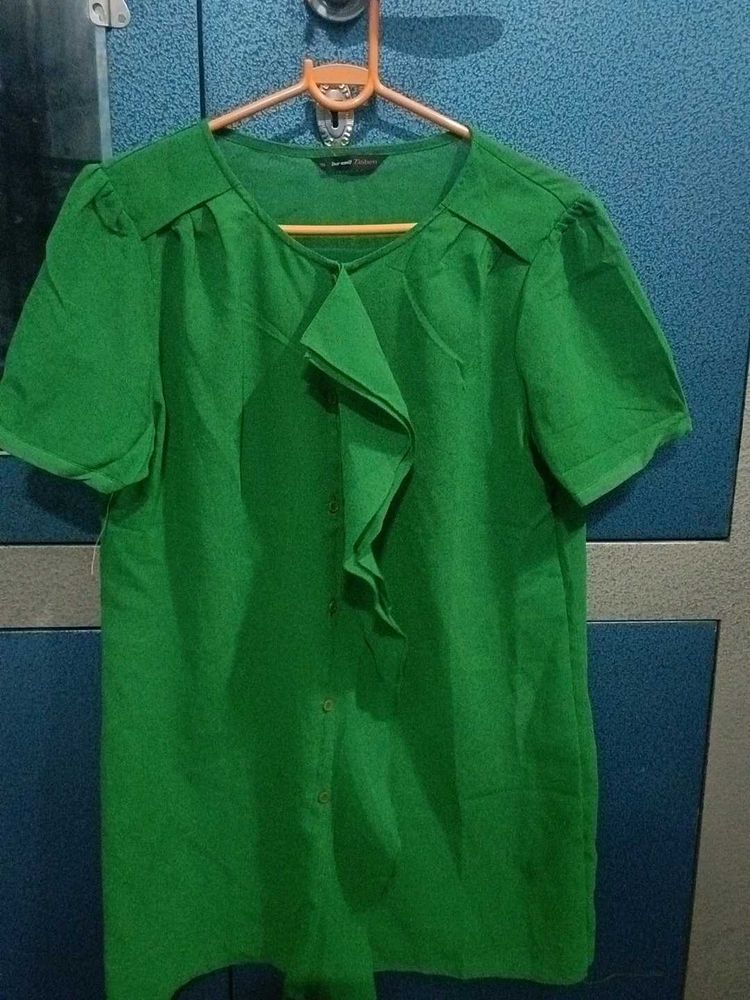 Green Ruffle Front Button-Down Top