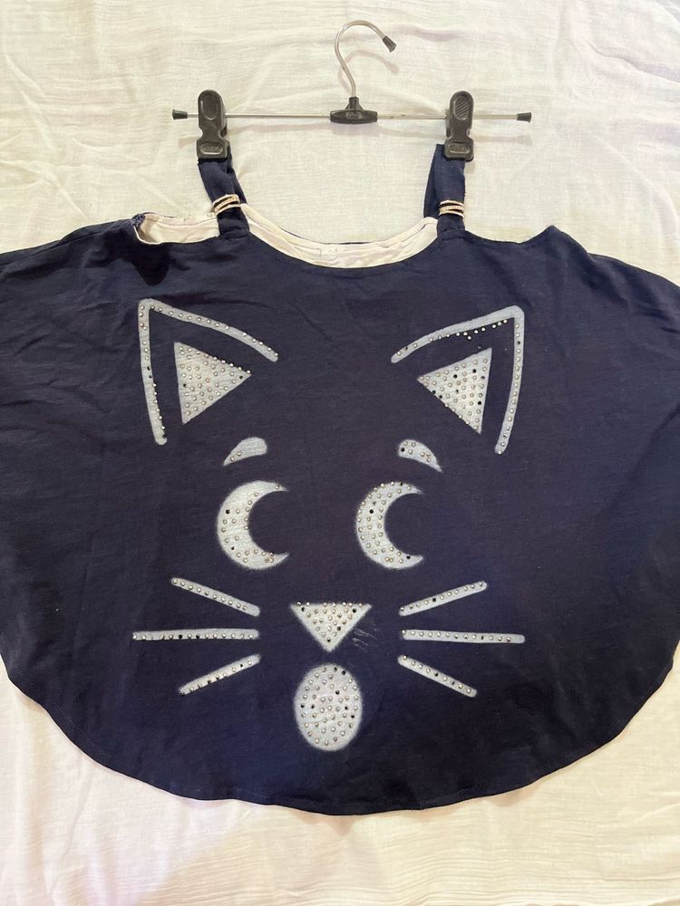 Cat Print Off Shoulder Partywear Top
