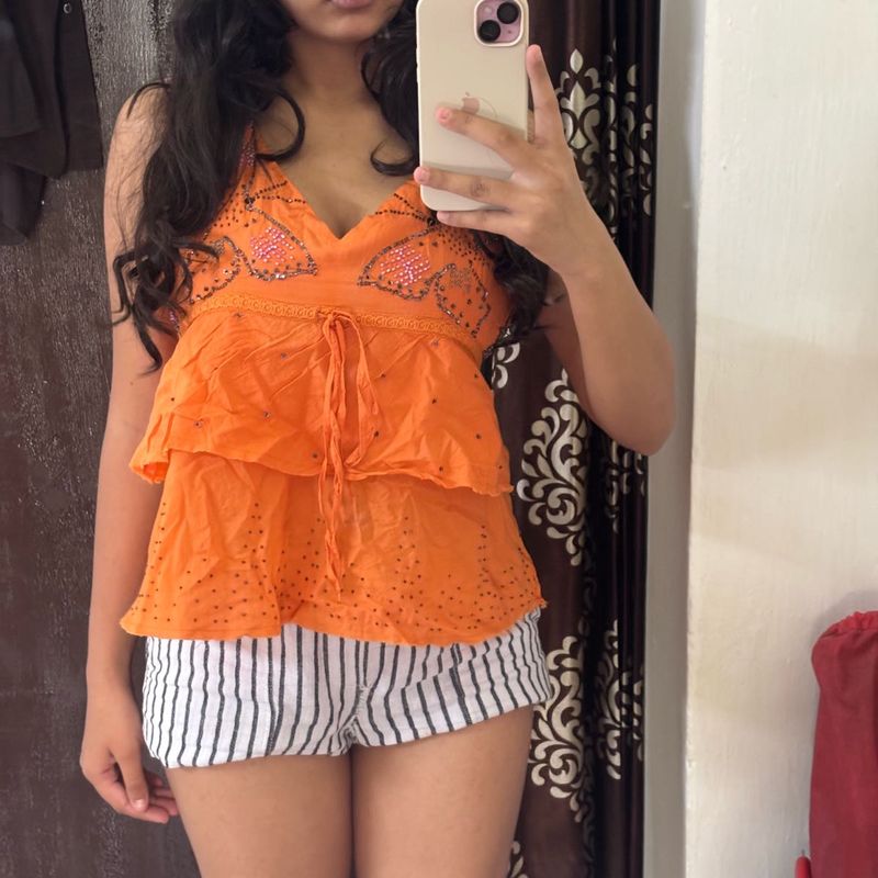 Orange Beaded Halter Top