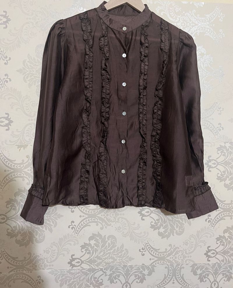 Brown Ruffled Button-Down Blouse