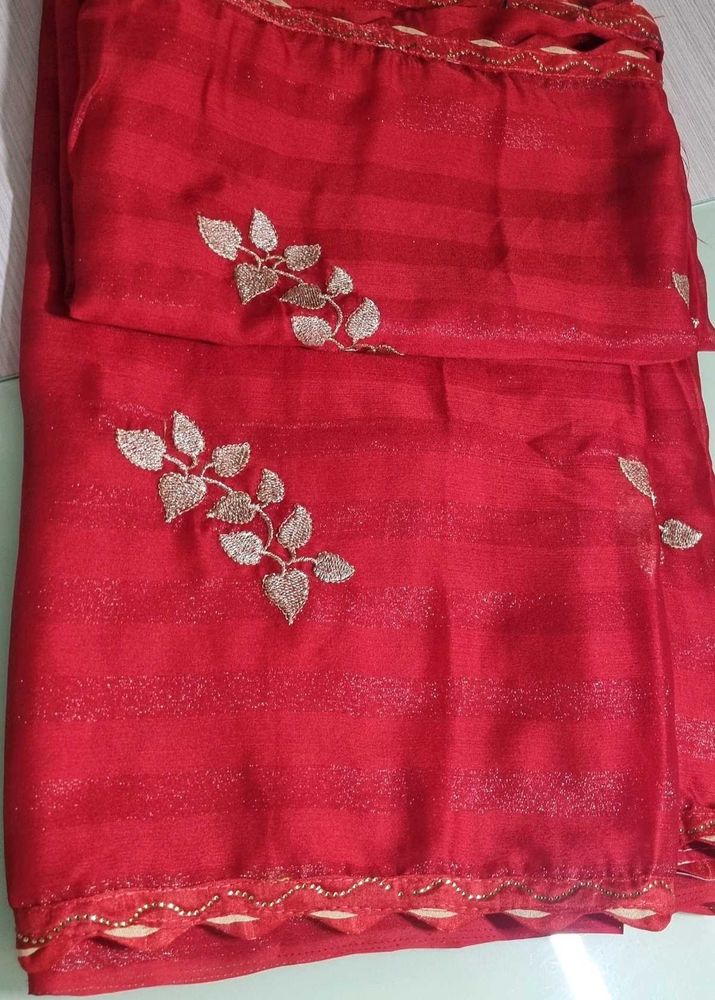 Red Saree With Golden Zari Work