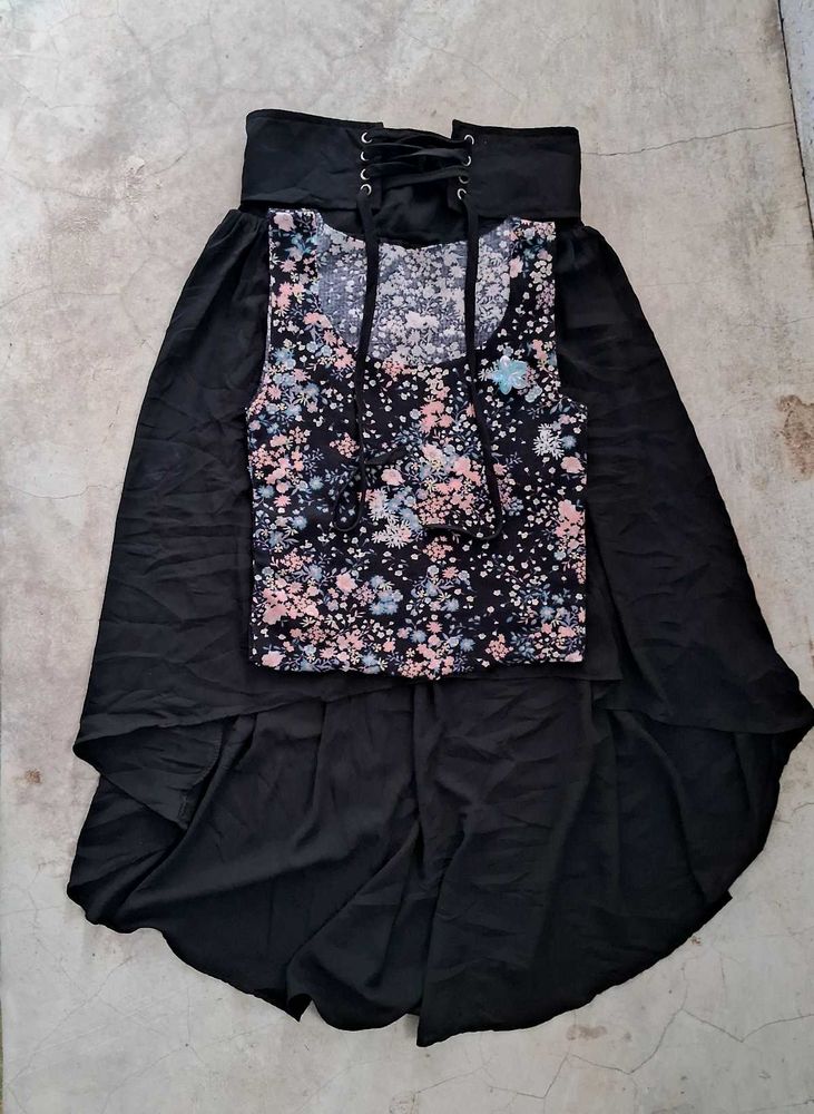 Floral Top &amp; High-Low Skirt Set🩷🩵🖤