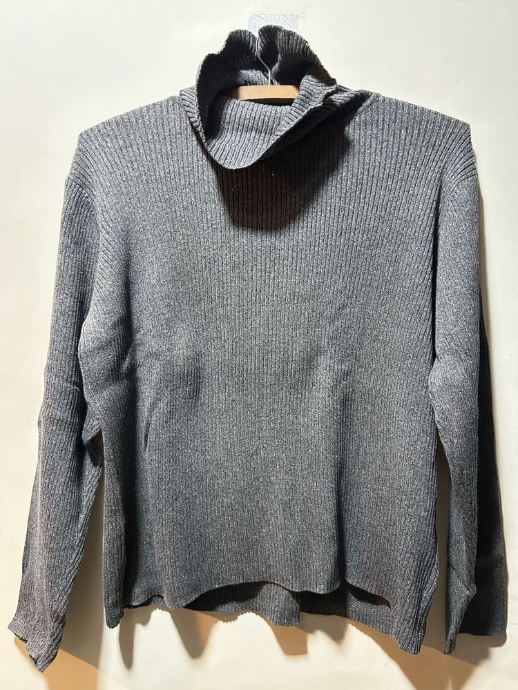 Gray Ruffle Neck Sweater