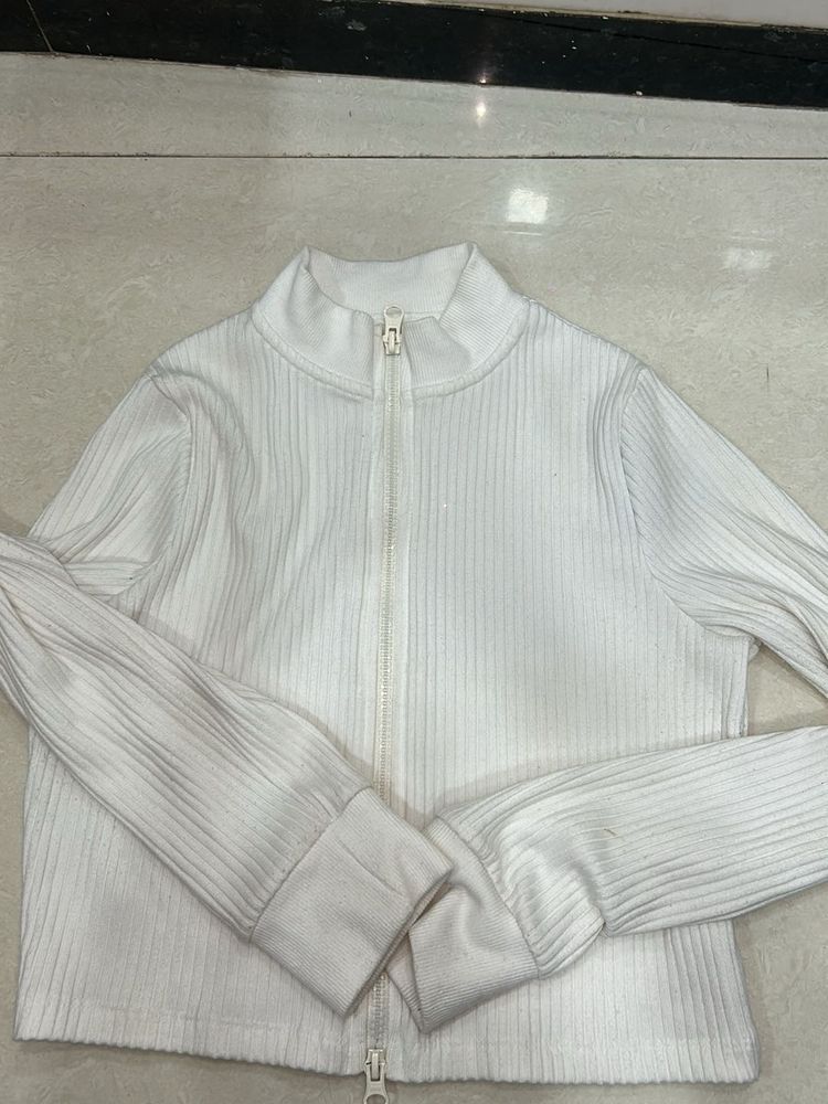 White Zip-Up Ribbed Jacket