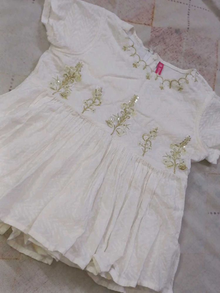 White Embroidered Top With Green Printed Skirt
