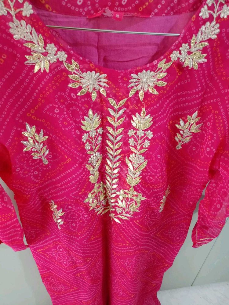 Pink Bandhani Kurti | Gold Embroidery | Festive We