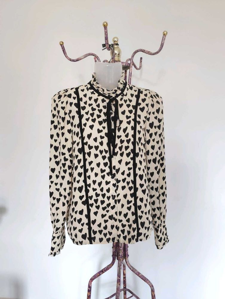 Heart Print Tie Neck Blouse