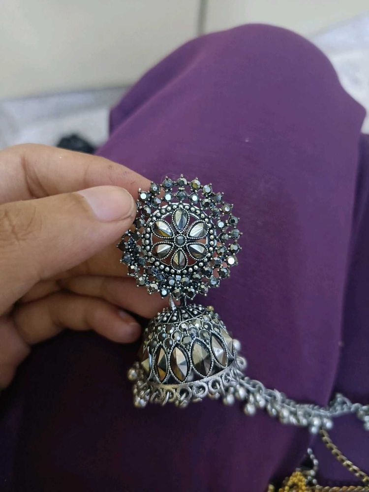Oxidized Silver Jhumka Earrings