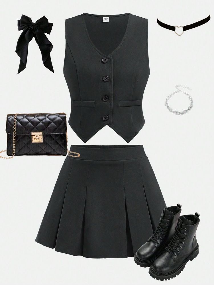Black Vest and Skirt Outfit Set