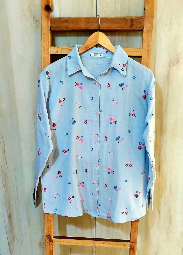 Sky Blue Printed Cotton Shirt Size-42