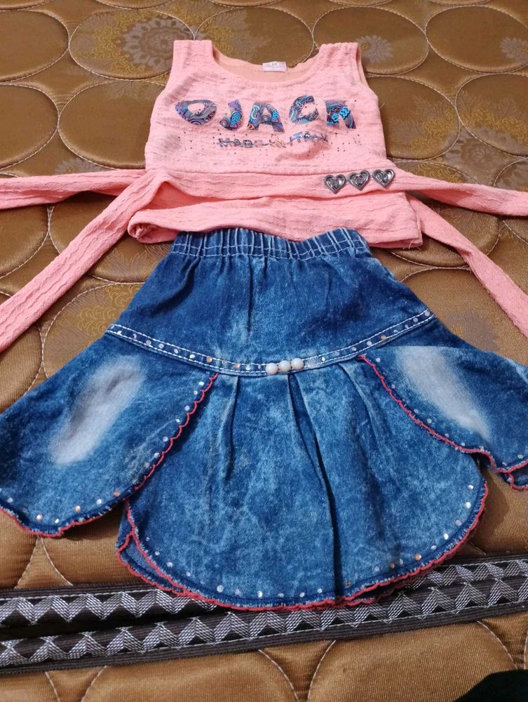 Girls Pink Top &amp; Denim Skirt Set