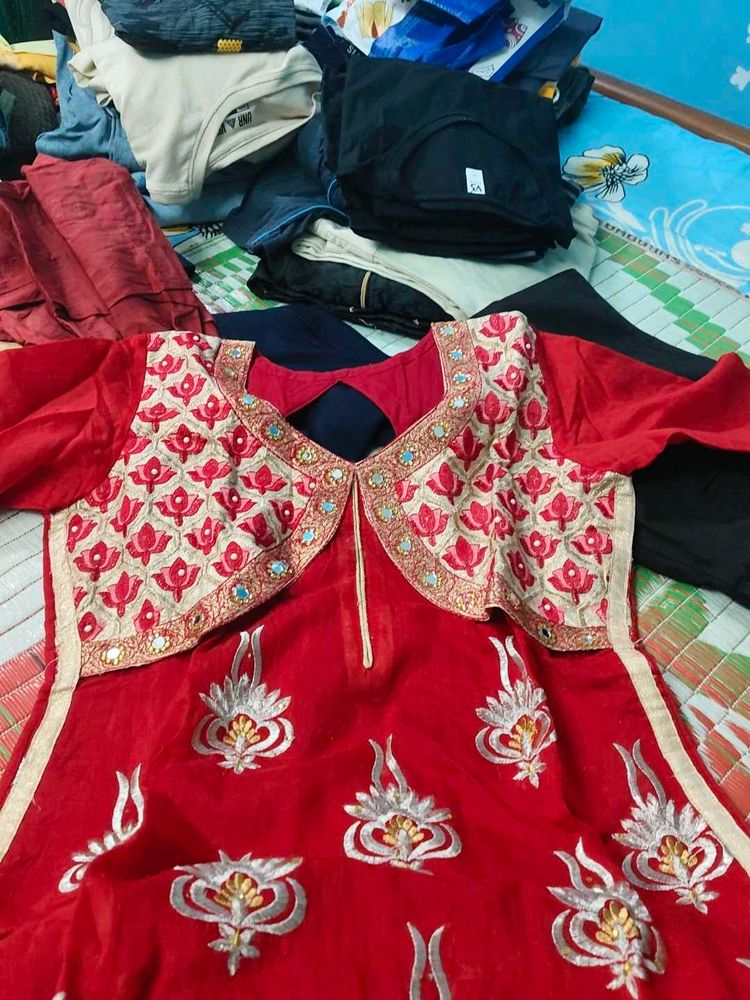 Red Embroidered Kurta Set