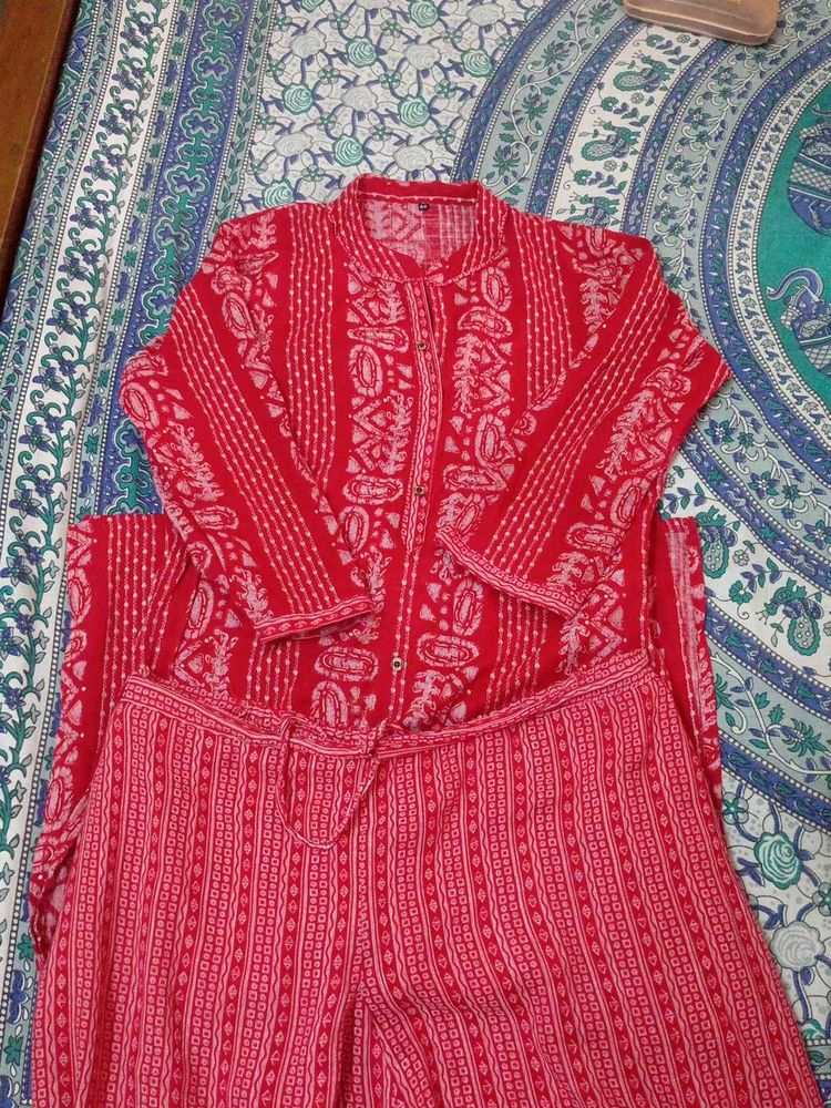Red Kurti With Pants (Full Set)